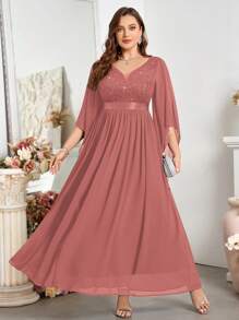 Vestido de fiesta largo con cuello en V profundo, mangas de mariposa, encaje con lentejuelas y gasa, para ocasiones especiales - Rosa vieja - Ver 1