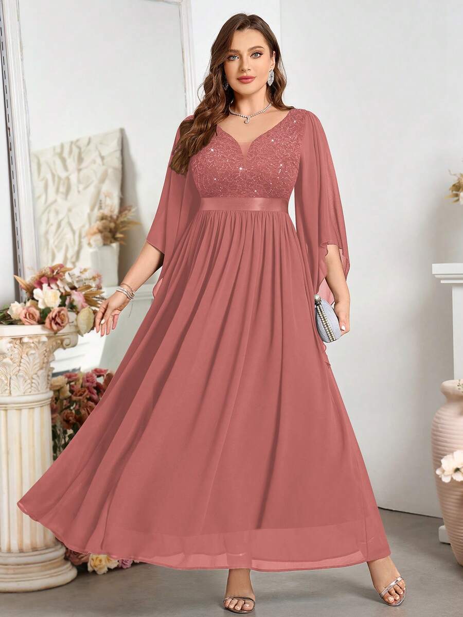 Vestido de fiesta largo con cuello en V profundo, mangas de mariposa, encaje con lentejuelas y gasa, para ocasiones especiales - Rosa vieja - Ver 1