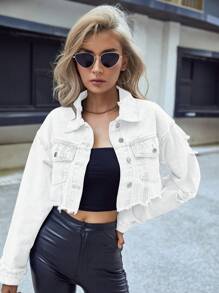 SHEIN ICON Button Front Collared Long Sleeve Short Denim Jacket, Casual Daily Wear - White - View 6