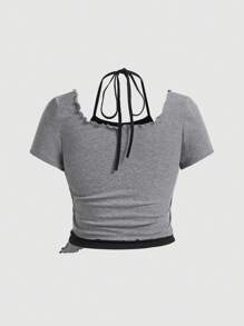 SHEIN MOD Áo thun cổ lọ có kích thước lớn dành cho nữ khối màu 2 trong 1 - Xám - Xem 2