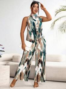 Franclia Plus Size Asymmetrical Tie-Dye Halter Neck Top And Straight Pants Set - Multicolor - View 6