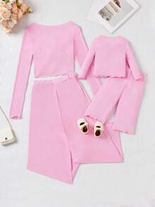 SHEIN Set abbinato di maglietta e pantaloni in maglia elastica scintillante colore rosa ghiaccio casual, adatto per uscire, per bimba e mamma (set da 2 pezzi venduti separatamente)
