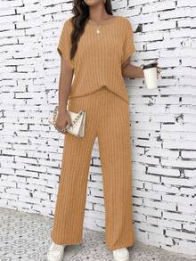 SHEIN LUNE 大尺碼純色棱紋短袖上衣和長褲兩件套 - 橘色 - 查看 4