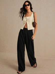 SHEIN Frenchy 亞麻布料，方領扣釦背心，休閒修身無袖背心和短上衣，適合夏季假期、日常休閒通勤，法式風格