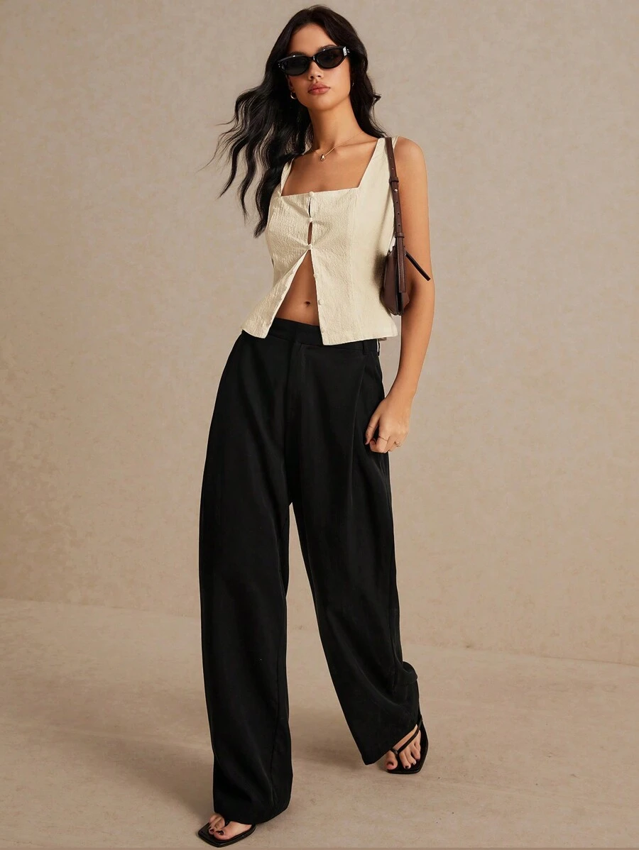 SHEIN Frenchy 亞麻布料，方領扣釦背心，休閒修身無袖背心和短上衣，適合夏季假期、日常休閒通勤，法式風格