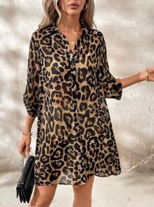 SHEIN Clasi 女士日常優雅可調節豹紋長袖開衫長襯衫 - 彩色 - 查看 6