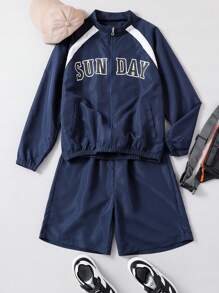 SHEIN Teen Boy Spring/Summer Letter Print Long Sleeve Zipper Jacket And Shorts Casual Outfit