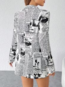 SHEIN PETITE Áo khoác nữ in báo mùa thu thời trang đường phố dệt kim - Đen và trắng - Xem 2