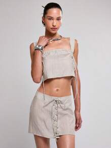 MUSERA Square Neck Lace Up Corset Top Going Out Tops - Light Grey - View 6