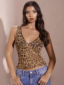 SHEIN BAE Ladies' Leopard Print Mesh & Printed Sleeveless Tank Top With Keyhole Neckline, Perfect For Concerts, And Vacation, Summer/Fall - Khaki - View 7
