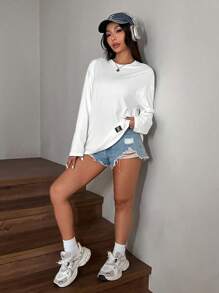 SHEIN EZwear Summer Solid Bow Decorated Cropped Slim Fit T-Shirt