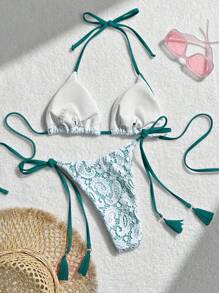 SHEIN Swim Ensemble de bikini sexy d'été pour femmes, avec imprimé paisley et dentelle, encolure ras-du-cou et cravate au cou, pour la plage
