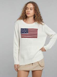 Easelle Women 4th Of July American Flag Pattern Round Neck Casual Long Sleeve Sweater