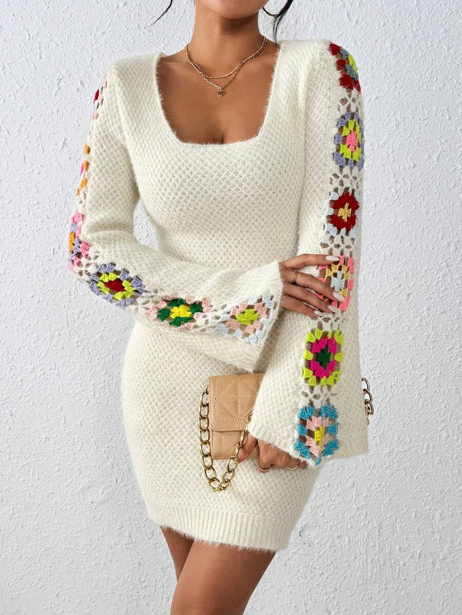 Chiquease Women's Colorful Embroidery Simple Daily Wear Sweater Dress Fall Winter Cloth For Women - Beige - View 1