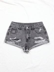 Women's Casual Denim Shorts With Pocket, Distressed And Curled Hem Design - Grey - View 3