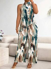 Franclia Plus Size Asymmetrical Tie-Dye Halter Neck Top And Straight Pants Set - Multicolor - View 3
