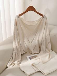 SHEIN Privé Plus Size Elegant Casual Vacation Home Hollow Textured Knitted Open Shoulder Sexy Personalized High Street Off Shoulder Pullover Warm Long Sleeve Sweater, Fall/Winter Back To School - Apricot - View 1