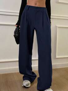 DAZY Jednokolorowe, codzienne, proste, regularne spodnie z kieszeniami, damskie, późna jesień, swobodne, plisowane, kieszeń, zamek błyskawiczny, naturalne, proste nogawki, długie, granatowe, regularne, damskie spodnie, codzienne, codzienne - Granatowy - Zobacz 3
