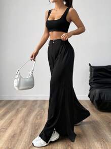 SHEIN EZwear 音樂節款式流蘇高開叉寬腿褲和無縫方領背心套裝 - 黑色 - 查看 4