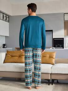 Men's Casual Plaid Print Top & Pants Homewear Two-Piece Set, Fall Winter Clothes