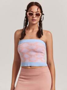 SHEINNeu Women Tops, Knitted, Fall, Fall Clothes, Tube Top, Bow Pattern, Light Pink, Babyblue, Summer Beach Tops, Daily, Versatile, Cute, Contrasting Design, Winter Women Clothes