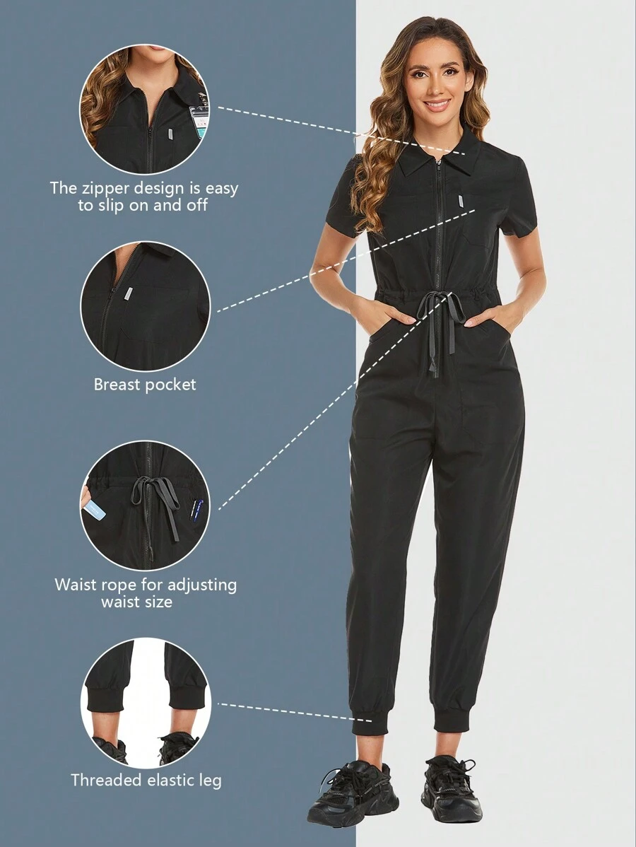 拉链短袖抽绳休闲简约哺乳连体裤