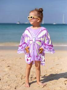 Young Girl Butterfly Print Batwing Sleeve Cover Up - Mauve Purple - View 3
