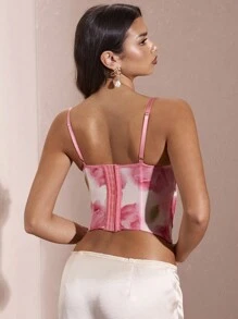 SHEIN BAE Áo yếm ren hoa in hoa mùa hè theo phong cách xương cá dành cho nữ, nổi bật với họa tiết in hoa lớn và ren chắp vá - Hồng - Xem 2