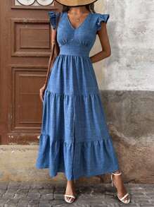 SHEIN Clasi Vestido largo con efecto de mezclilla, escote en V y mangas acampanadas clásicas - Azul - Ver 1