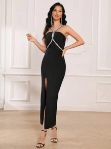 Fashionable And Sexy Sparkling Crossed Diamond Inlaid Side-Slit Long Dress For Party Or Evening Banquets - Black - View 3