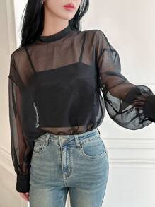 DAZY 纯色宽松长袖前系带轻薄女式透明衬衫 - 黑色 - 查看 2