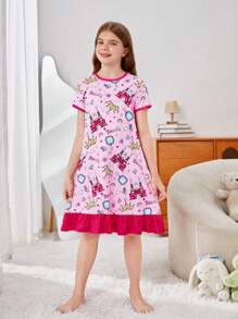 SHEIN 少女夏季可愛城堡圖案短袖荷葉邊擴擺睡衣，防火 - 粉色 - 查看 4
