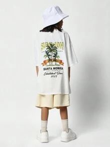 SUMWON Tween Girls 超大版型修身 T 恤，背面有夏季印花和短款 2 件套 - 卡其色 - 查看 1