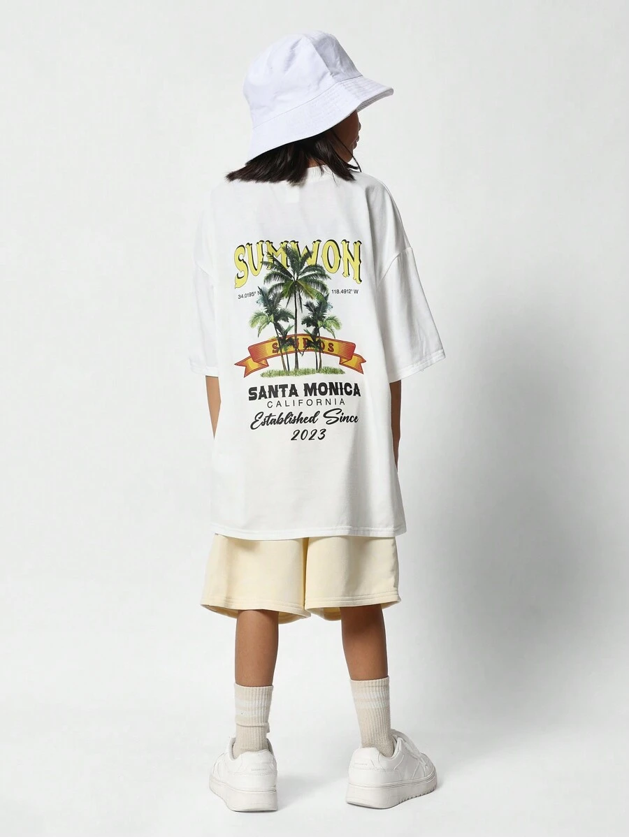 SUMWON Tween Girls 超大版型修身 T 恤，背面有夏季印花和短款 2 件套 - 卡其色 - 查看 1