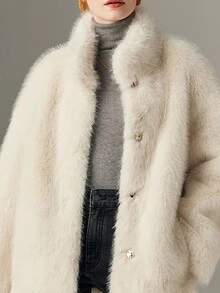 Solid Drop Shoulder Fuzzy Coat For Winter Dailywear - Beige - View 3