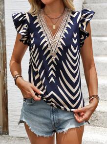 INAWLY Women's Contrast Color Lace Patchwork Shirt With Ruffle V-Neckline - Blue - View 3