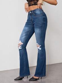 SHEIN EZwear Women Slant Pocket Ripped Flare Leg Jeans