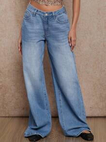 Forever 21 Quần Jeans ống rộng eo thấp cổ điển cho nữ - Màu xanh lam - Xem 1