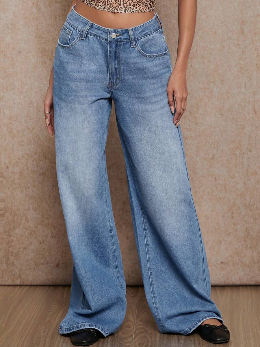 Forever 21 Quần Jeans ống rộng eo thấp cổ điển cho nữ - Màu xanh lam - Xem 1