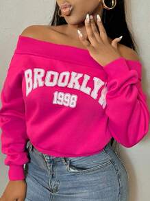 SHEIN SXY Plus Size Plus Size Off Shoulder Long Sleeve Letter Print Casual Sweatshirt, For Winter Fall Autumn