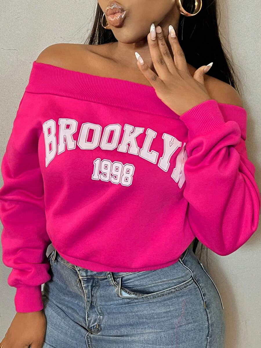 SHEIN SXY Plus Size Plus Size Off Shoulder Long Sleeve Letter Print Casual Sweatshirt, For Winter Fall Autumn
