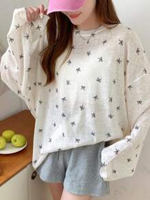 DAZY Bow Print Drop Shoulder Tee For Spring And Summer Sheer Long Sleeve Women Tops