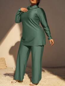 Swim Mulvari Summer Beach Plus Size Hooded Long Sleeve Funnel Neck Sweatshirt With Raglan Sleeve And Pants Tankini Swimwear Set, Burkini Bathing Suit Beach Outfit Modest Arabic Clothing