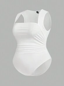 SHEIN Essnce Plus Size Women's Summer Casual Sexy Tight White Vest Bodysuit, Summer Women's Clothes,Curve Plus,Brunch Outfit - White - View 3