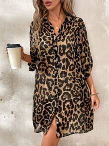 SHEIN Clasi 女士日常優雅可調節豹紋長袖開衫長襯衫 - 彩色 - 查看 7