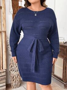Plus Drop Shoulder Belted Blue Sweater Dress For Dailywear - Royal Blue - View 7