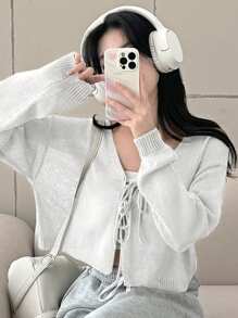 DAZY Áo sơ mi nữ tay dài đơn giản hàng ngày màu trơn buộc phía trước, quần áo nữ mùa thu - trắng - Xem 3