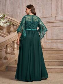 SHEIN Belle Plus Size Dark Green Beaded Sequin Ruffled Sleeve Chiffon Dress, Elegant & Graceful For Formal Occasions - Dark Green - View 2