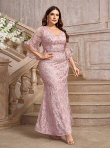 Aureia 大码莲花粉色串珠水钻蕾丝美人鱼礼服，优雅晚礼服，适合鸡尾酒会、舞会、婚礼宾客、毕业典礼、晚宴、情人节等场合。 - 藕粉色 - 查看 4