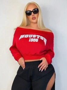 SHEIN SXY Plus Size Winter Spring Off Shoulder Letter Print Women's Short Sweatshirt Fall Autumn - Red and White - View 3